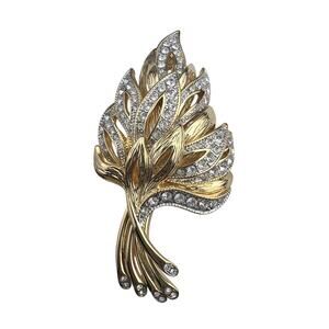 Nolan Miller Vintage Gold Tone Clear Rhinestone Leaf Brooch